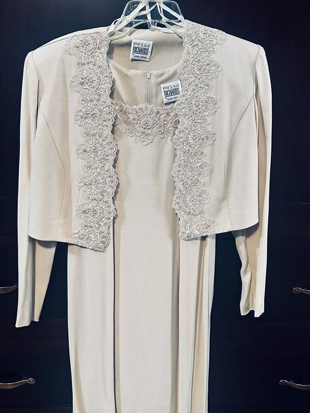 R&M Richards Cream Long Sleeve Dress with Cropped Jacket and Lace Trim